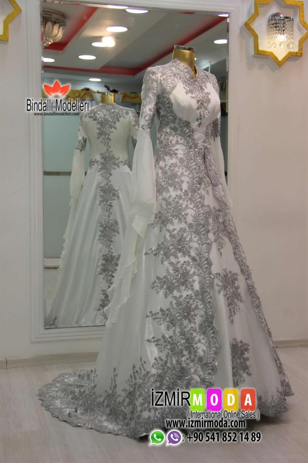 Tesettür Kaftan-1081 Beyaz Gümüş